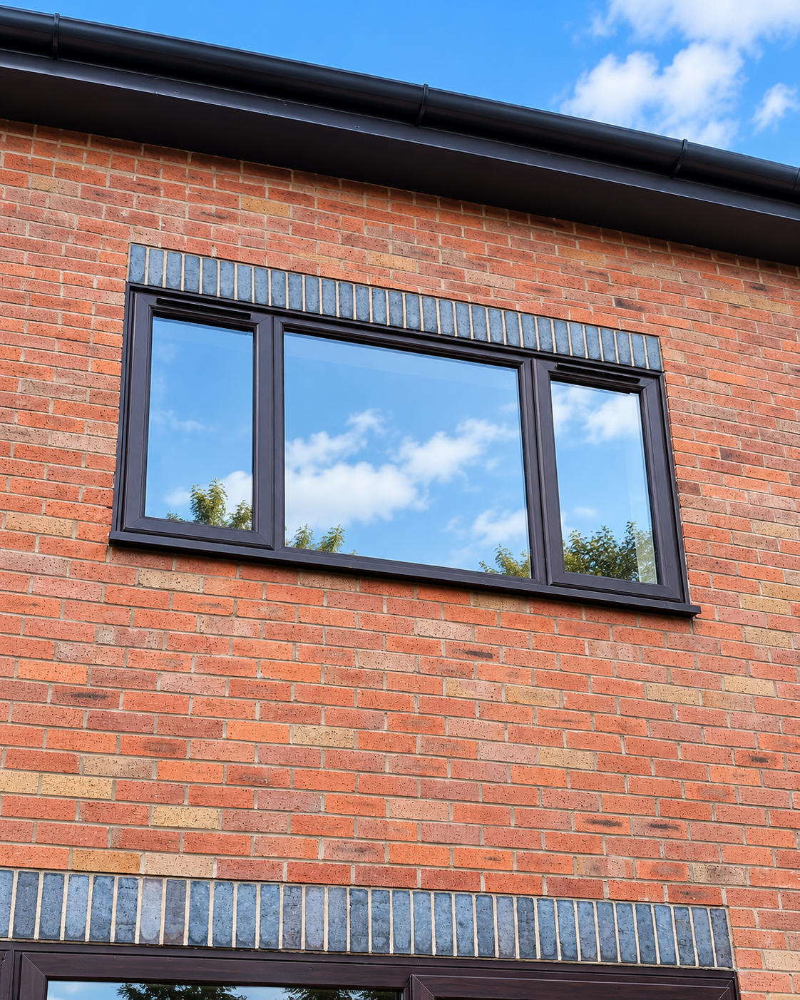 Black-framed window on a brick house beneath black guttering