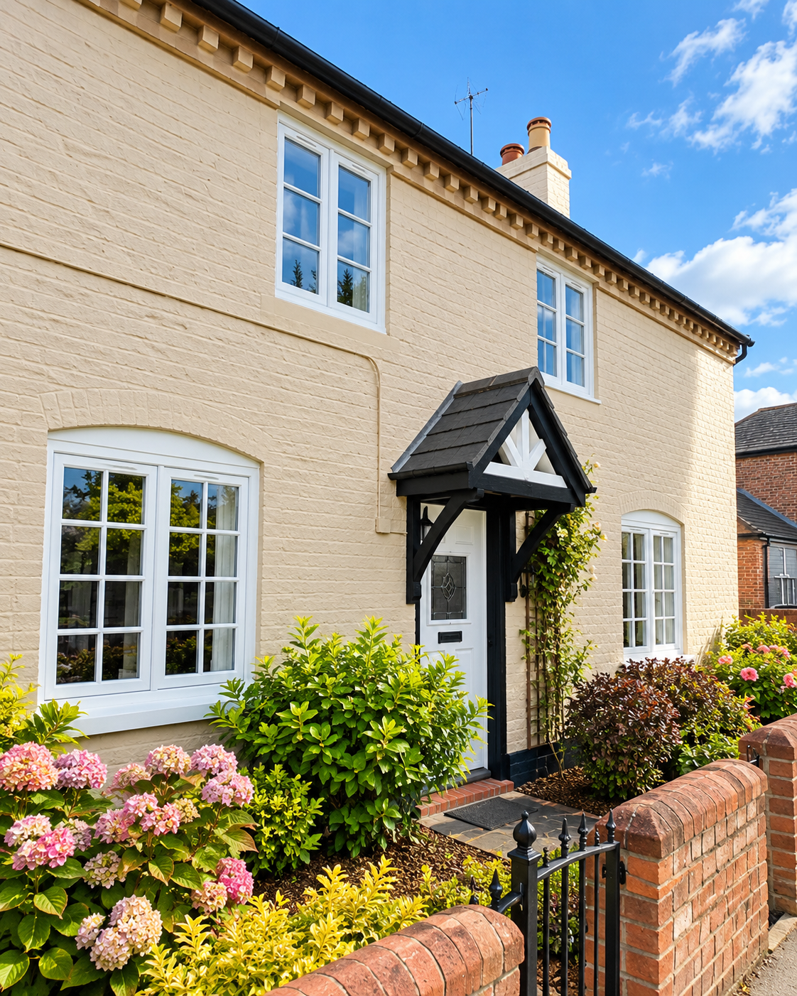 Cream house with white windows and a black porch canopy