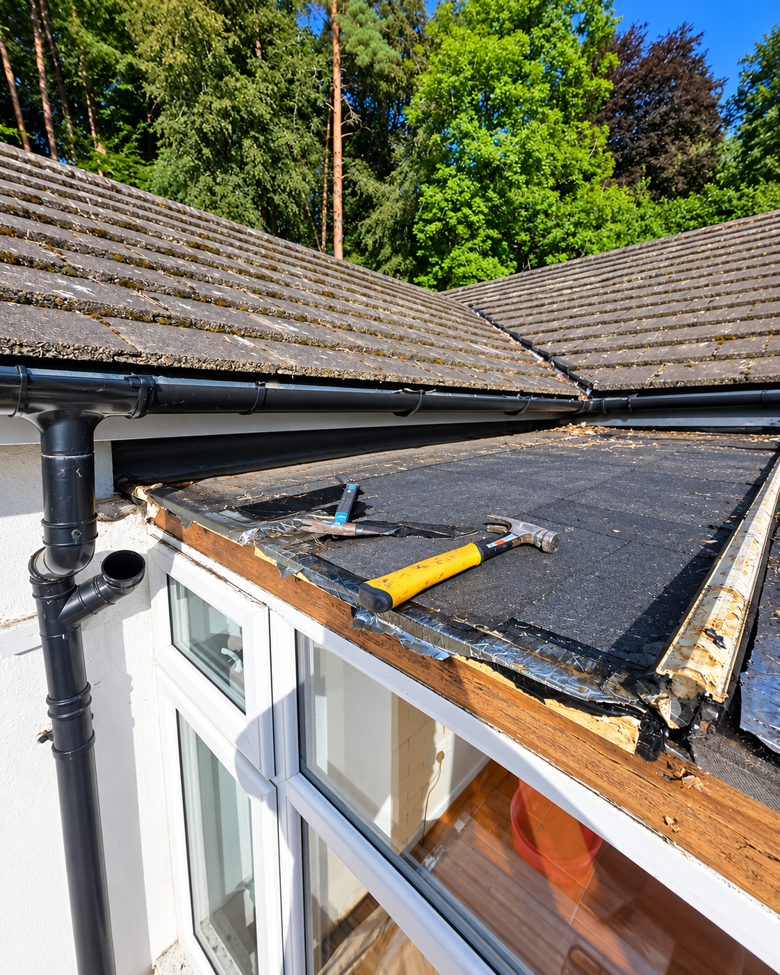 Flat roof timbers exposed during roofing work