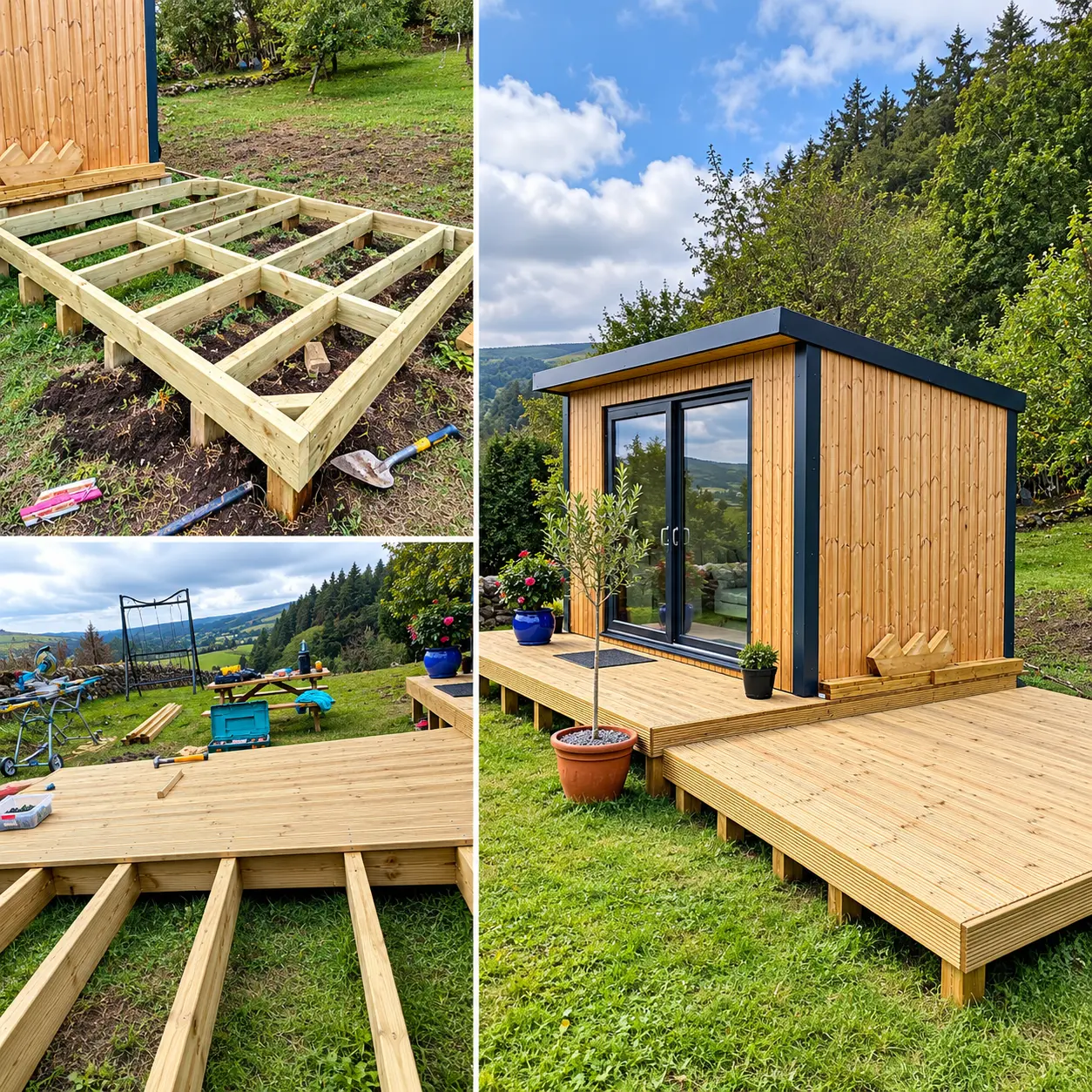 Garden room and decking shown during and after the build