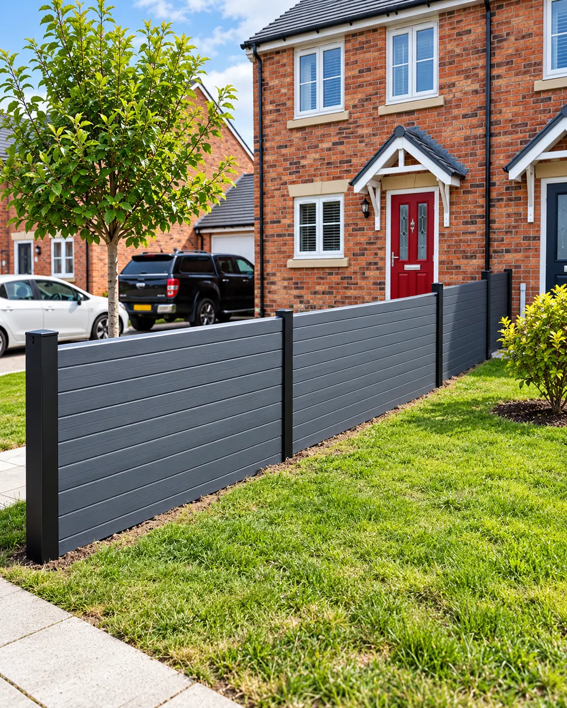 Grey composite fencing in front of a brick house