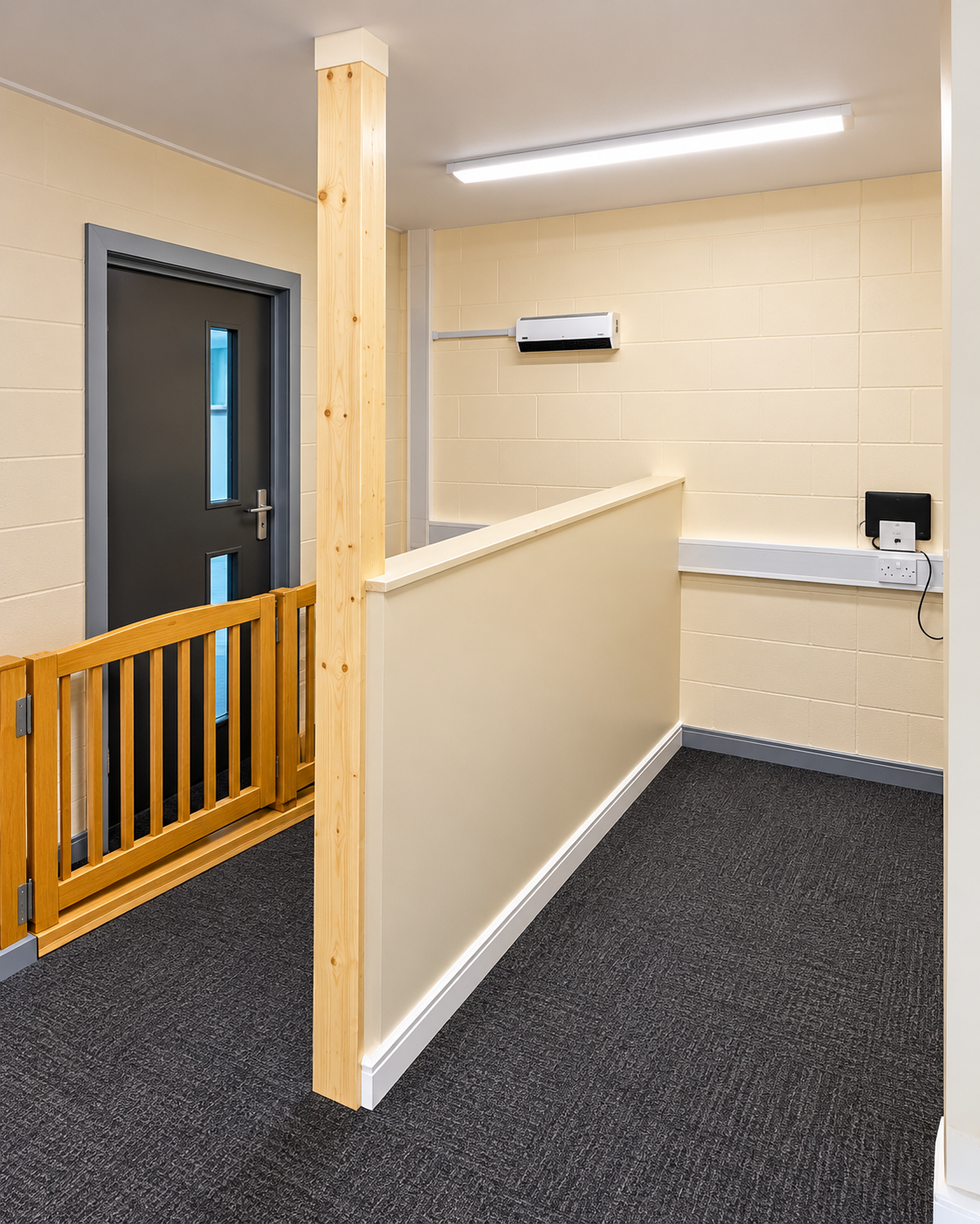 Timber post and half-wall joinery inside a hallway