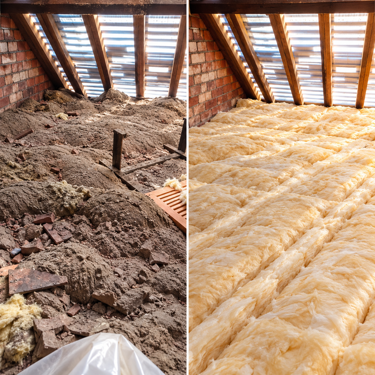 Loft insulation before and after, side by side