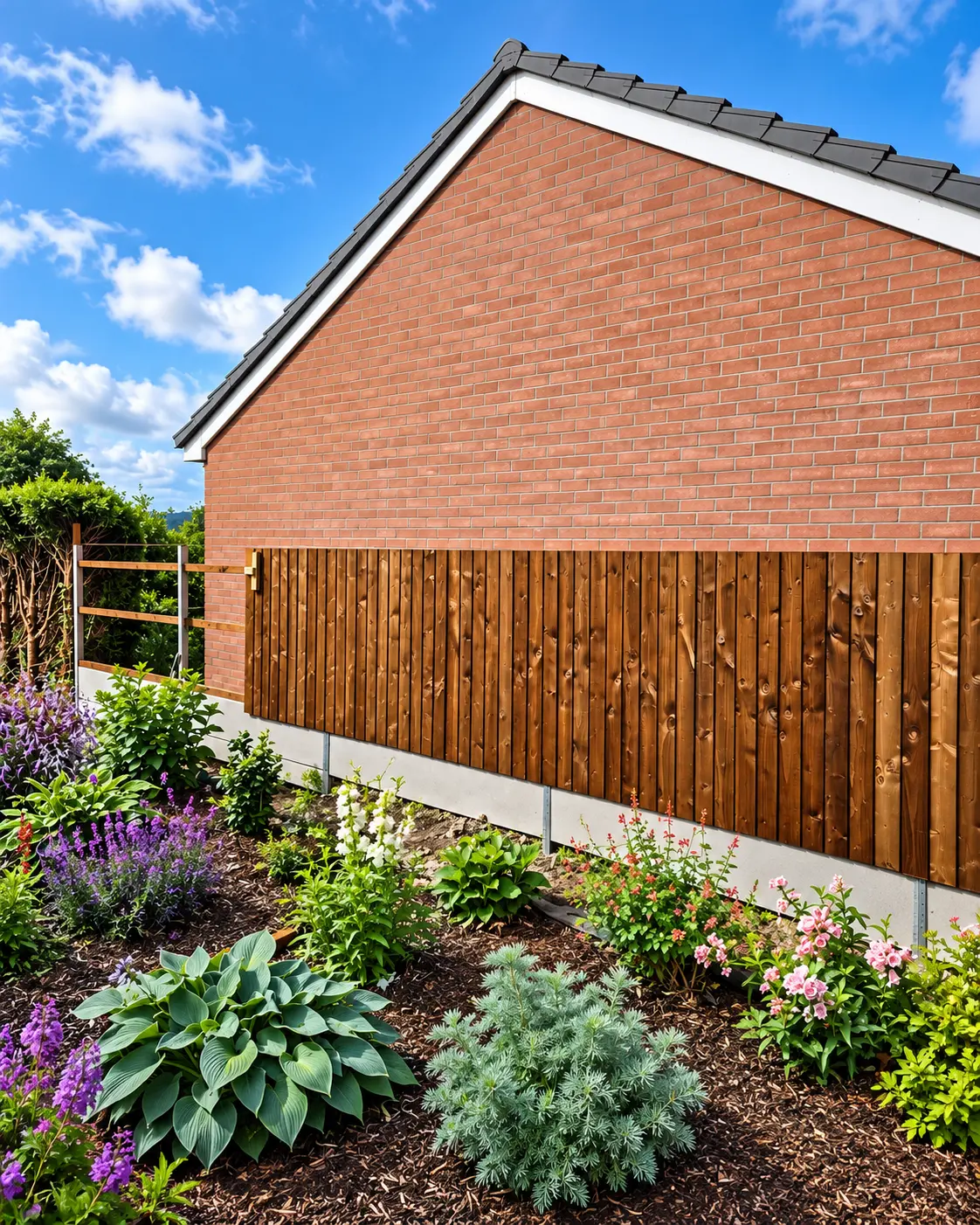 New timber fence beside a brick house and planted border