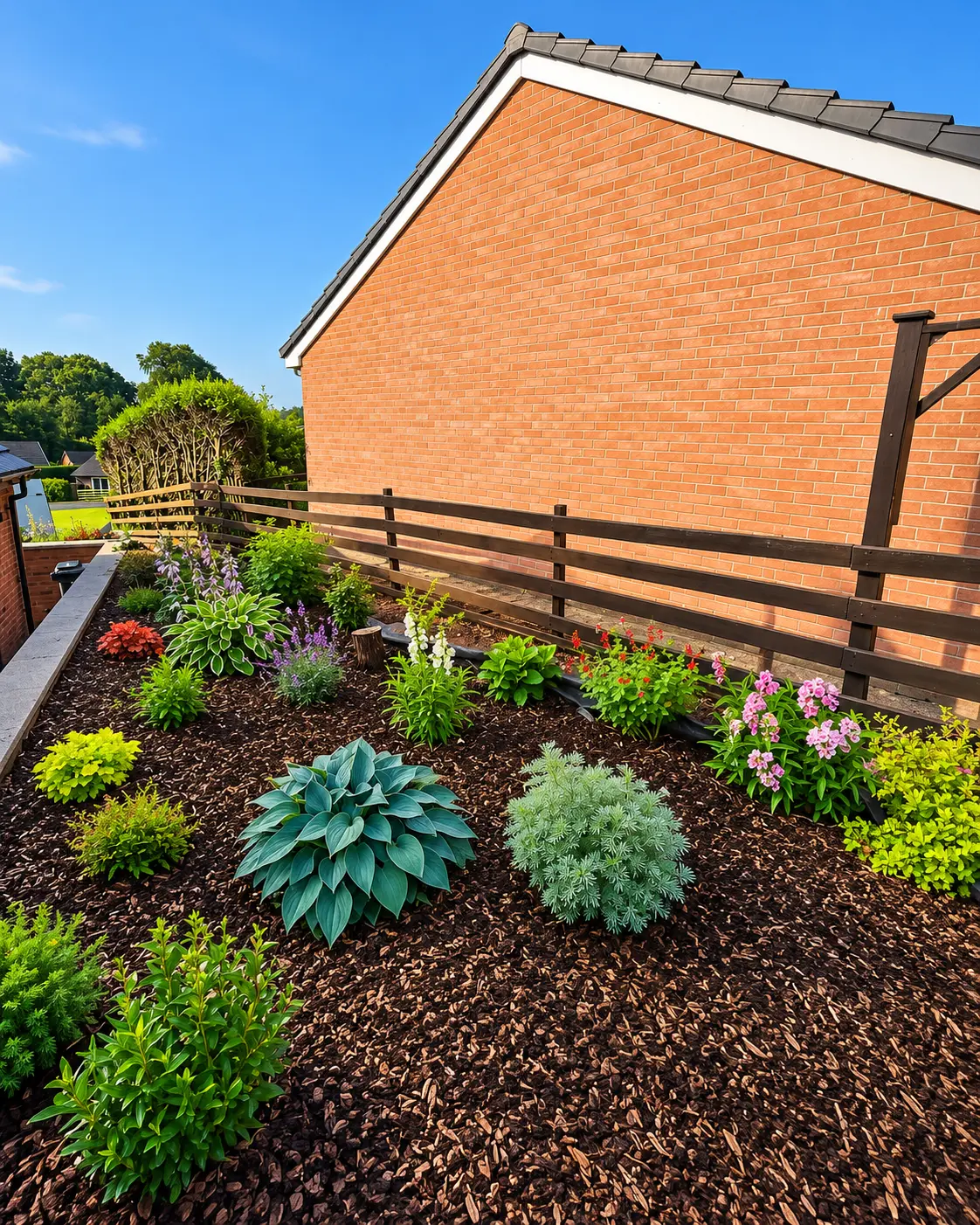 Planted garden border with bark mulch beside a timber fence