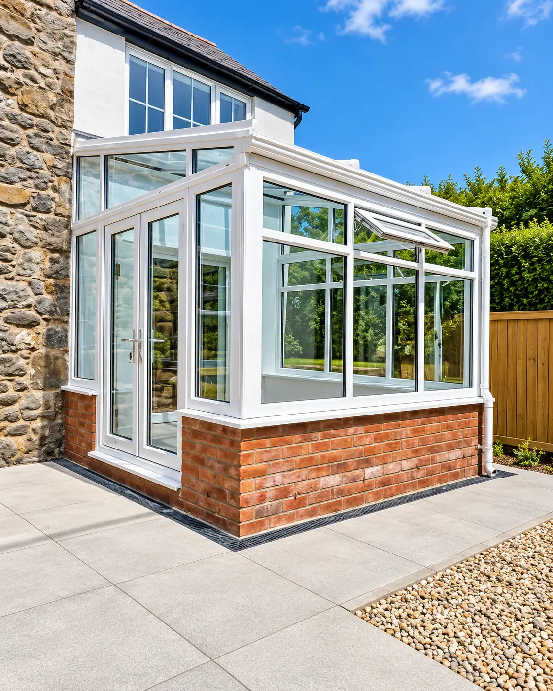 Conservatory extension with white framing, French doors and a paved patio