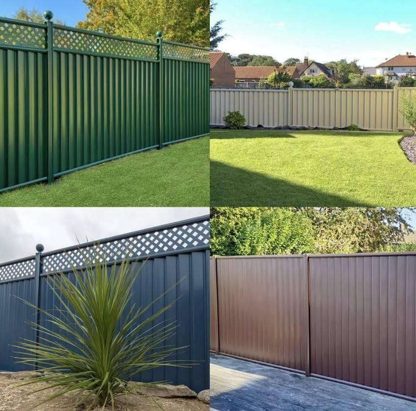 Corrugated metal fence installations in four colours