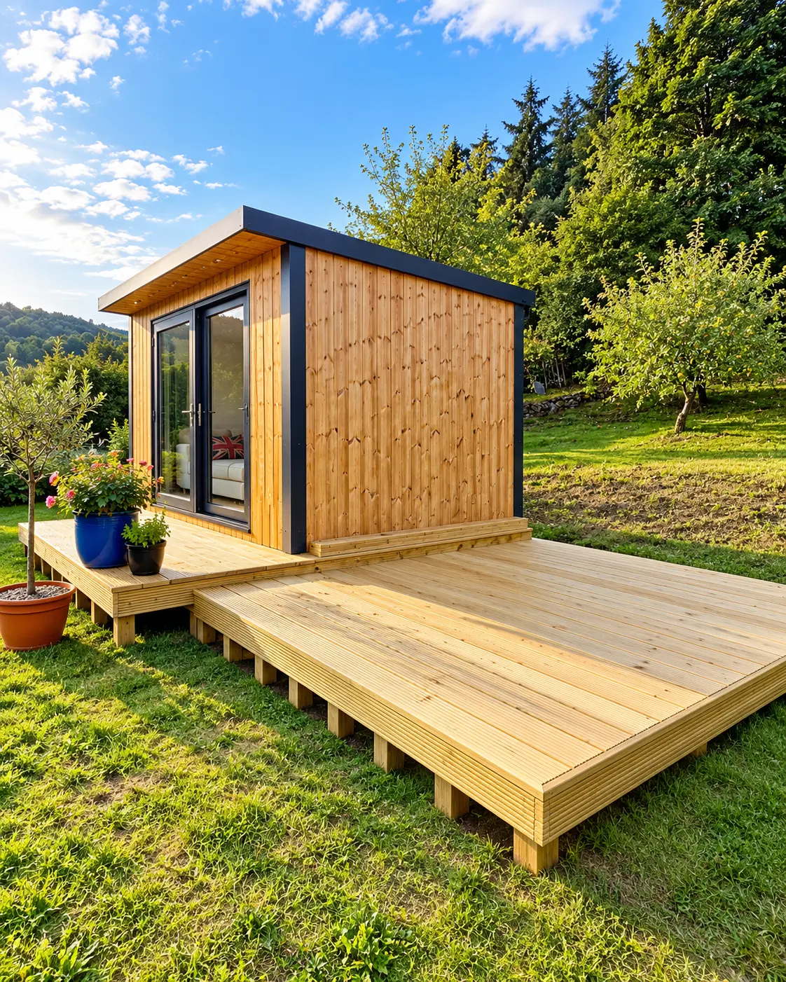 Timber garden room with decking in a grassy garden