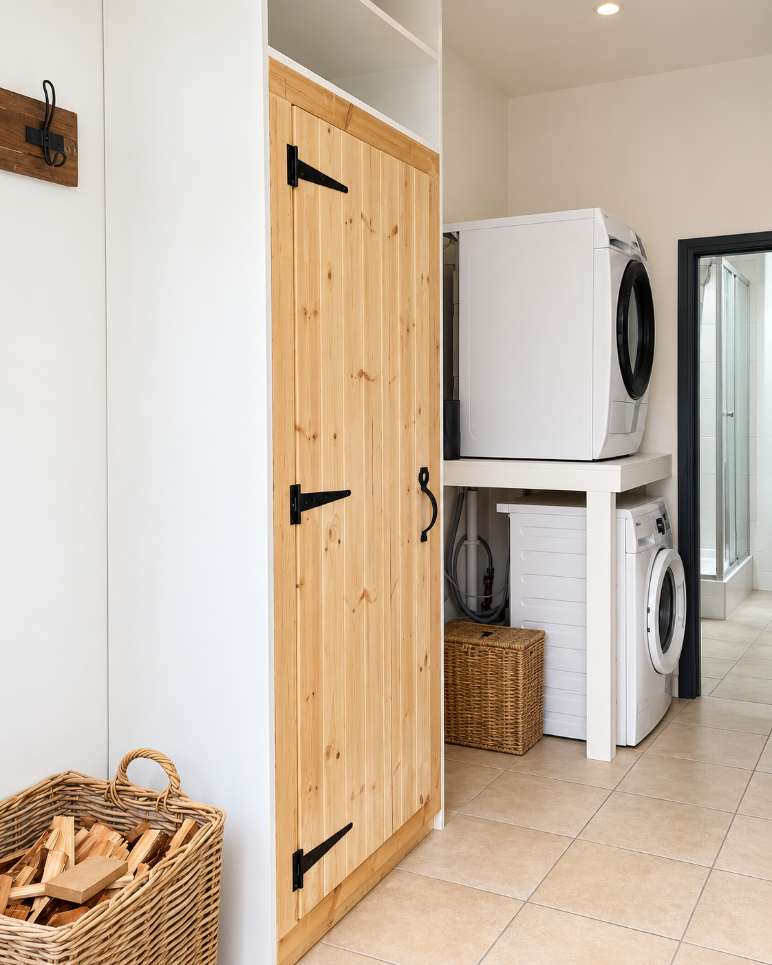Timber door with black hinges in a utility room