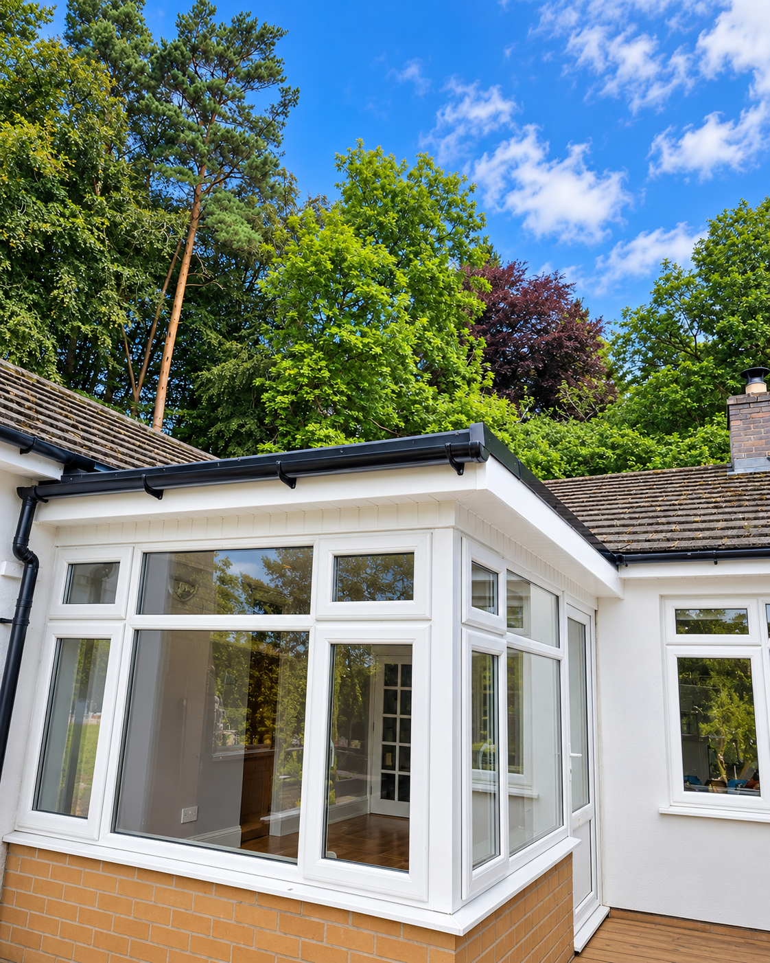 White-framed conservatory with black guttering on a brick base