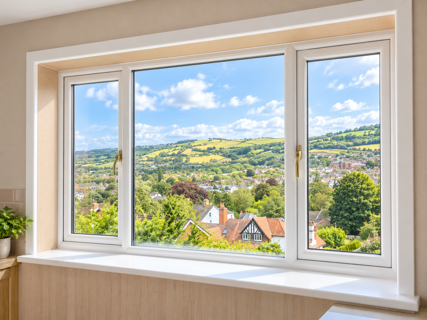 White-framed window with a view over a town and hills